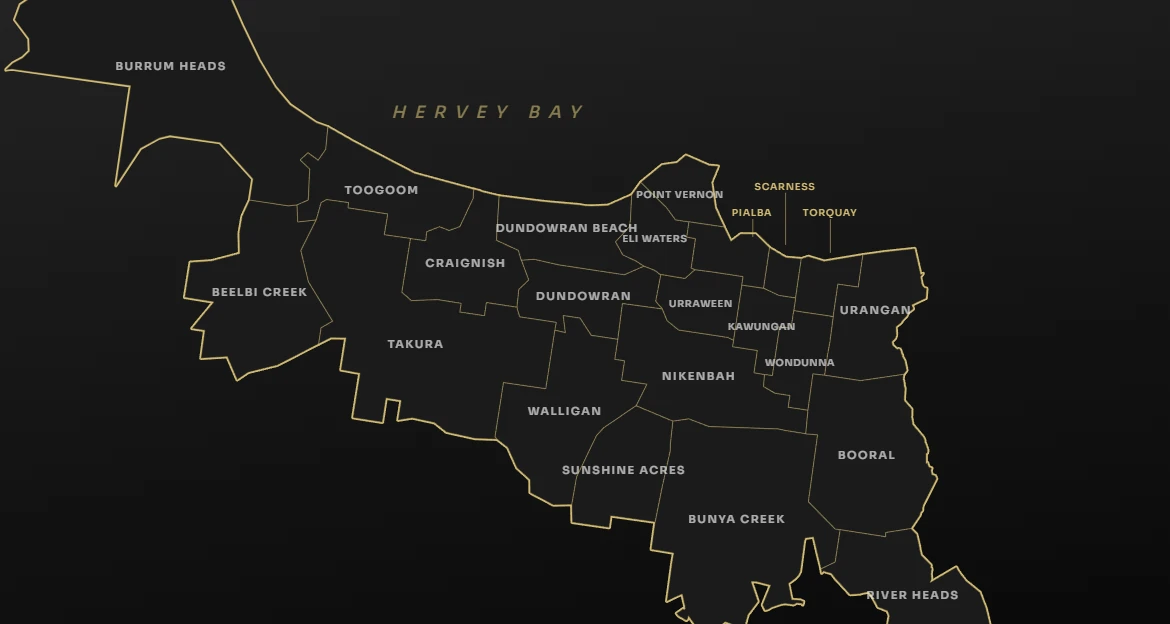 Map of the Hervey Bay region showing the suburbs TNT covers, from Burrum Heads to River Heads