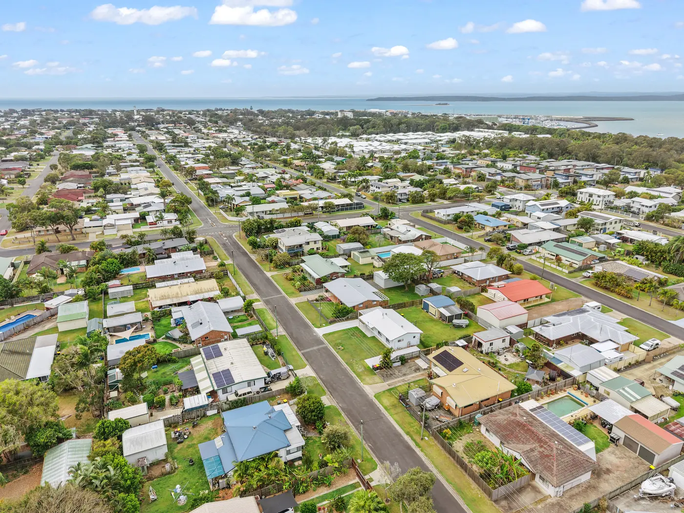 Aerial view of Urangan streets running down to the water